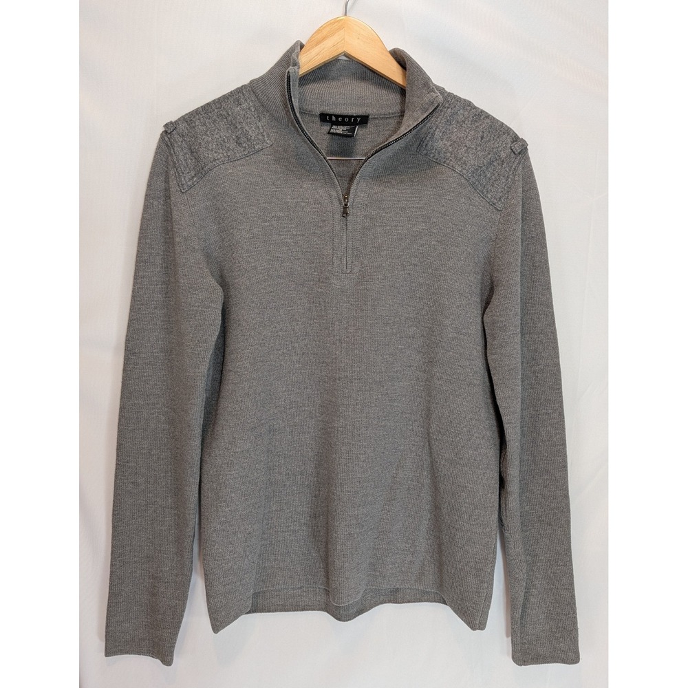 Theory Mens Gray Wool Blend Quarter Zip Sweater Mock Neck Size Medium